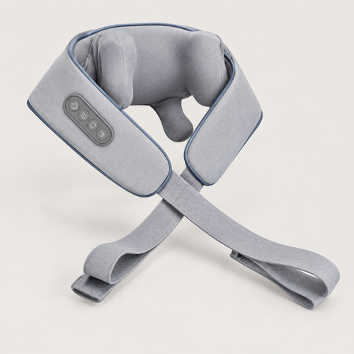 Massaggiatore cervicale PRO 4D grigio con cinghie e lati rifiniti in blu